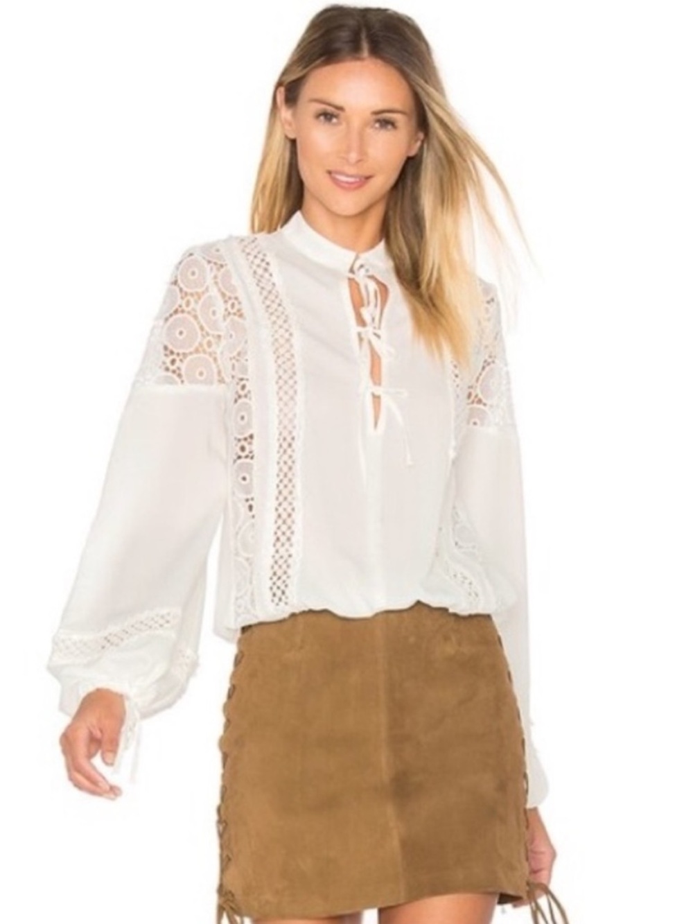 Tularosa White Lace Tie Front Boho Blouse Sheer Sleeve Top Size S